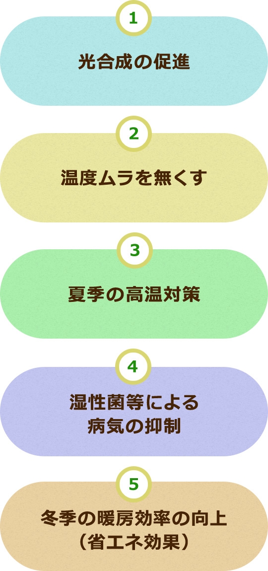 ①光合成の促進②温度ムラを無くす③夏季の高温対策④湿性菌等による病気の抑制⑤冬季の暖房効率の向上（省エネ効果）